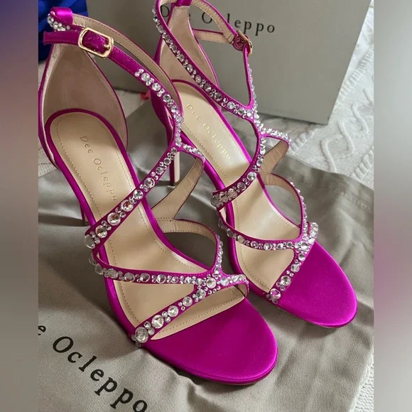 New! Dee Ocleppo designer Satin Magenta Pink Strappy Heels Rhinestones SZ 8 - Picture 7 of 16